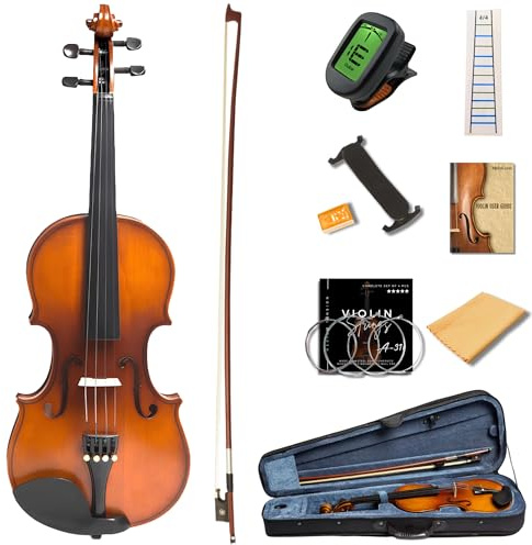 MeloCrest 4/4 Full Size Violin for Adults - Solid Wood, Spruce Top, Maple Back, Pro Brazilwood Bow, Hard Case, Shoulder Rest, Electronic Tuner, Extra Strings & Rosin (MVA-800)