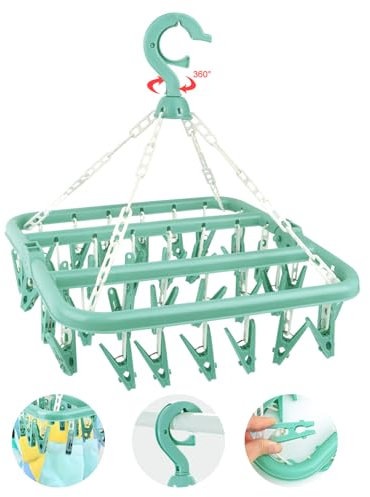 LWMTT Etendoir Chaussette, Étendoir à Linge à Suspendre avec 32 Pinces,Etendoir Linge Interieur Extérieur Suspendre, Sechoir a Linge Rotatif Pliant, pour Chaussettes, sous-Vêtements et Petits (Vert)