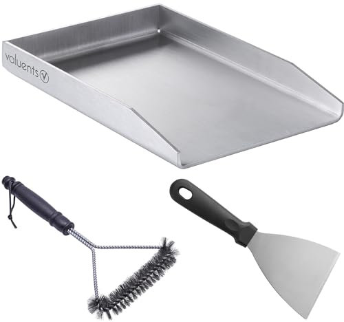 valuents Plaque de cuisson - Plancha en acier inoxydable épais - 30 x 20 cm - Convient pour barbecue à gaz et barbecue à charbon - Plus : brosse et spatule
