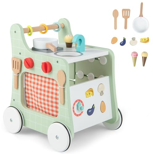 COSTWAY 6-in-1 Wooden Baby Walker, Toddler Push and Pull Learning Activity Center with Wheels, Teaching Clock, Shape Matching & Movable Slider, Pretend Play Kitchen for 12 Months + (Green)