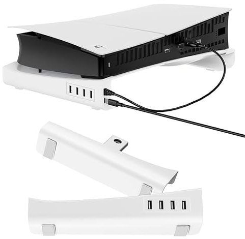 BeisDirect Horizontaler Ständer für PS5 Slim Konsole mit 4-Port USB-Hub, PS5 Slim Zubehör Basishalter für Playstation 5 Slim Disc & Digital Editions – Weiß (USB-Hub)