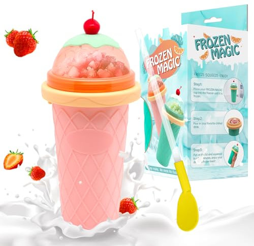 Vaso para granizados, vasos de batidos con tapas y popotes, taza de granizado para jugos, leche y helado, fabricante portátil de tazas mágicas congeladas para niños, amigos y familiares (rosa)