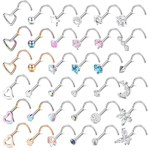 LOLIAS 36 Stück 20G Nasenpiercing Stecker 316L Chirurgenstahl Nasenstecker Silber Herz Stern Mond Nostril Piercing Damen Screw/Straight/L-Form Nasenpiercing Ring Nasen Nase Stud Nose Piercing Schmuck