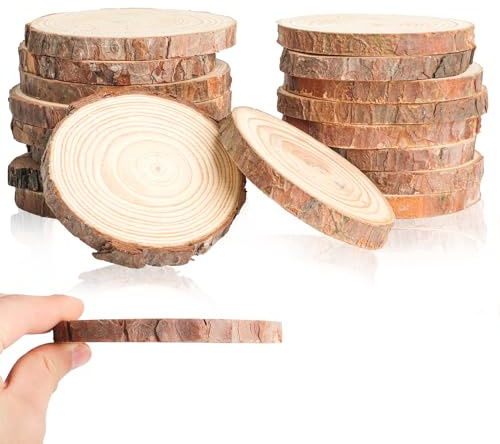 18pezzi fette di legno naturale, 8-10 cm di diametro, sottobicchieri in legno non finito forati, dischi di legno per lavori fai da te, ornamenti, decorazioni natalizie e per matrimoni.