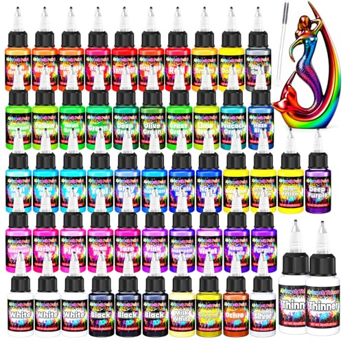 Airbrush Paint - 54 Colors with 2 Airbrush Thinners, Ready to Spray Air Brush Painting Set, Water Based Acrylic Paint for Model, Car, Metal, Fabric, Artists Beginners 4 Types of Colors