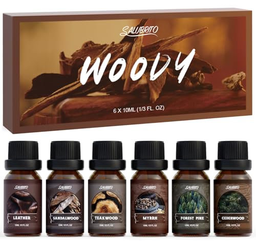 SALUBRITO Holz Ätherische Öle Set, Naturrein Aromatherapie Hölzern Duftöl für Diffuser, Kerzenherstellung, Sandelholz, Leder, Teakholz, Myrrhe, Zedernholz und Kiefer