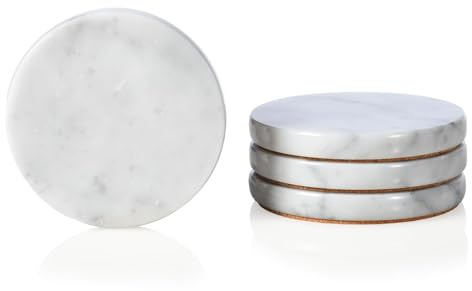 HAMAKAWA Marmor Untersetzer 4er Set, Untersetzer Naturstein 10cm, Carrara Weiß Coasters für Couchtisch, Büro, Wohnaccessoires | Carrara runder Stein, weiß, 10 cm, unter Glas, modern, für Couchtisch, Haus, Büro