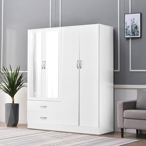 PALAKLOT 4 Door 2 Drawer Wardrobe with 2 Mirror Doors, Matt Finish in Black, White, Grey - Spacious Bedroom Storage, Stylish and Durable Flat Pack with Easy Assembly (White)