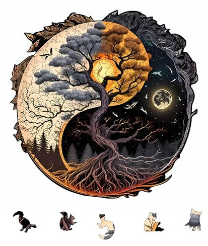YJacuing Wooden Jigsaw Puzzles for Adults, 300 Piece Unique Plant Shaped Premium 5mm Wood Puzzles Family Game (Yin Yang Tree, Large)
