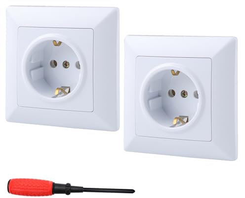2 Pack Enchufe de Pared EU Enchufes Empotrados Estándar 16A 250V Schuko Enchufe con protección Blanco Base Enchufe Superficie Enchufe Pared con destornillador para uso en interiores(80mmx80mm)