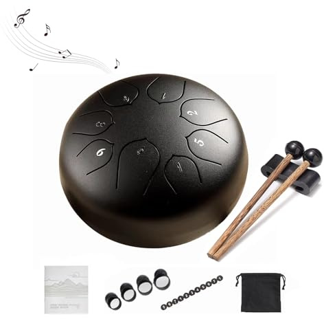 Rain Drum Outdoor | 6 Zoll 8 Töne Steel Regentrommel | Zungentrommel für Kinder | Handpan chakra drum Instrument | Handtrommel Meditation Zubehör für Garten (Schwarz)