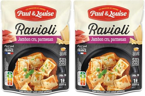 Paul & Louise Ravioli Jambon Cru, Parmesan 300g - Sachet micro-ondable - Prêt en 1 minute 30 - Pâte aux œufs - 100% viande origine France - Sans colorant - Sans arôme artificiel - Nutriscore B