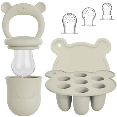 Baby Fruchtsauger & 3 Schnuller mit Eisform Set - Beiger Silikon Nahrungsschnuller mit Beißring, Fruchtschnuller für Obst & Gemüse, Eiswürfelform mit Deckel - Broemba®
