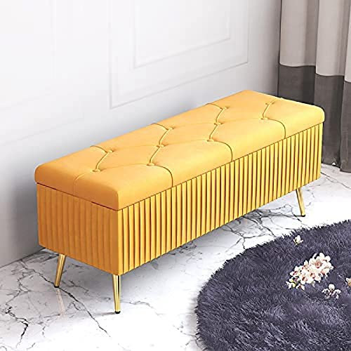 Samtgepolsterte Sitzbank für Wohnzimmer, Eingangsbereich, Premium-Bettbank mit Schuhaufbewahrung, 60 x 40 x 45 cm, Gelb