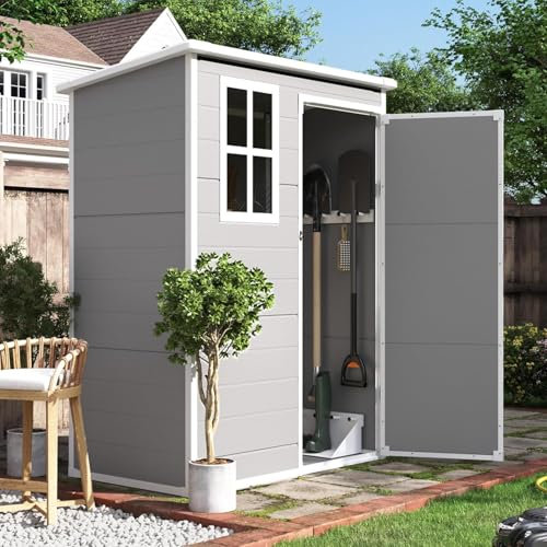 Amopatio Outdoor Resin Storage Shed 5x3 FT, Plastic Garden Shed for Bike, Garbage Can, Tool, Outside Sheds & Outdoor Storage Storage Box with Lockable Door for Backyard, Patio, Lawn, Grey & White