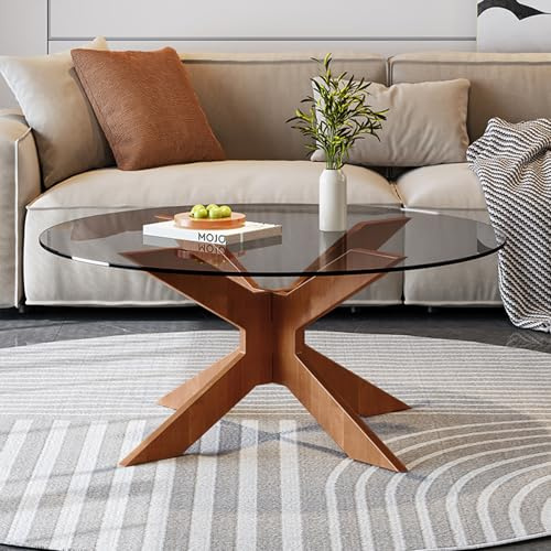 IGTOPS table basse ronde en verre avec base en bois écrasé, tables d'appoint modernes en verre trempé, salon noir 80 cm