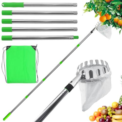 CheurYae Raccogli frutta, raccogli mele, con manico telescopico e borsa in tessuto, diametro 16 cm, raccogli ciliegie per la raccolta di mele, agrumi, pesca, ecc. (3,2 m)