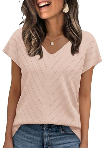 WIHOLL Womens Tops Cap Short Sleeve Sweater Basic Summer Tops V Neck T Shirts Flowy Business Casual Outfits Work 2026 Trendy Fall Outfits for Women 2026 Apricot S