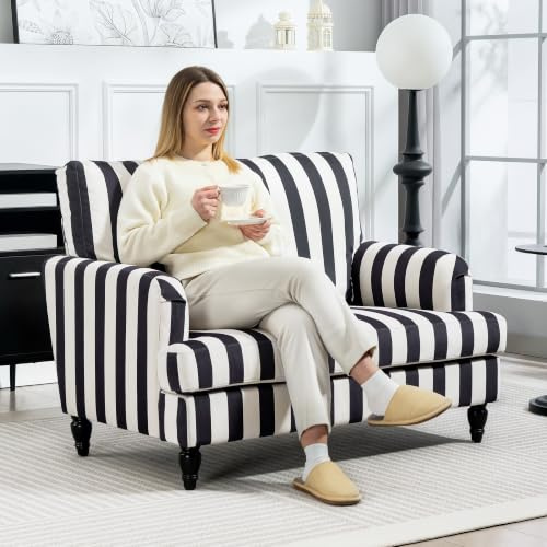 HOMCOM Modern Cuddle Chair, Velvet Single Sofa Armchair, Black and White | with Stripe, Turned Legs, Wide Seat, Upholstered, Living Room, Bedroom