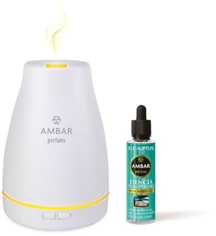 TIENDIFY - Humidificador de Esencia y Difusor de Aroma con Luz LED Ambar Perfums + Esencia a Elegir - Aromaterapia - Ideal para Hogar, Oficina y Dormitorio (EUCALIPTO)