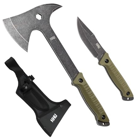 KHU 2 pcs 420HC Acero Hacha Supervivencia Cuchillo de Caza Cuchillo Hoja Fija Hacha de Camping - con Funda para Caza, Pesca, Bushcraft, Camping, Outdoor, Supervivencia y Bushcraft - 07A