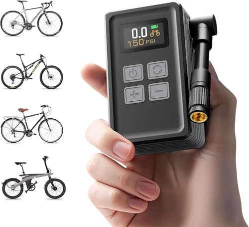 Mini Bicycle Pump with Gauge, Max 150PSI Electric Bike Pump with Presta & Schrader Valve, 4X Faster, Auto Stop, Brushless Motor, Upgraded Portable Bike Tire Pump for E-Bike, MTB, Road Bike, Ball, etc