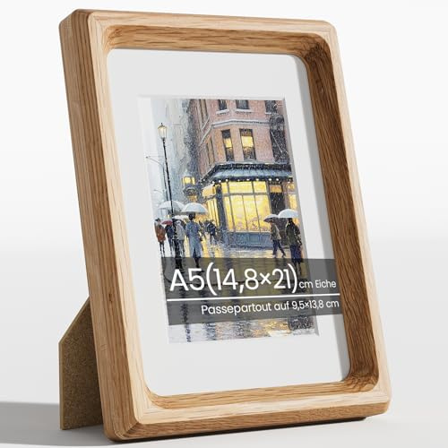 Feihorrm A5 Bilderrahmen, Natürliches Eiche Holz Fotorahmen mit Glas
