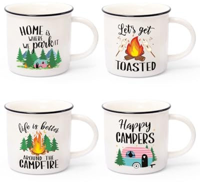 Rhdekoein Camping Coffee Mug Set of 4 Happy Campers Campfire Tea Cups for Coffee, Tea, Milk Travel Ceramic Mug Camping Lover Holiday Gifts