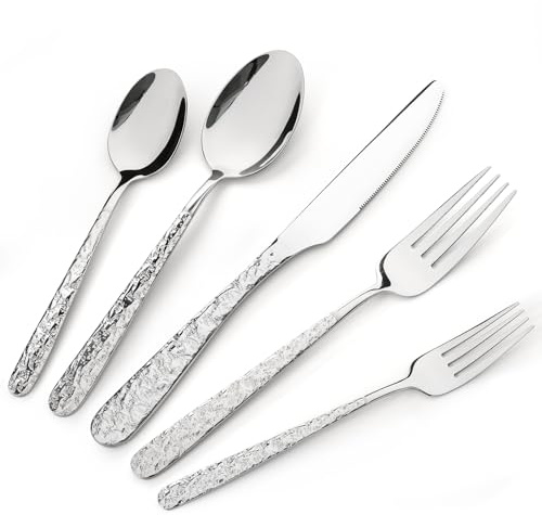 Service de Couvert Argenté Martelé 40 Pièces pour 8 Personnes, Set de Couverts en Acier Inoxydable à Manche Carré, Coutellerie Premium en Acier Inoxydable avec Design Unique à Poignée Ondulée