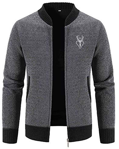 Trachtenstrickjacke Herren Cardigan Trachten Wolljacke mit Reissverschluss Wintermantel Dicker Warm Pullover ohne Kapuze Langarm Outdoor Winter Strickjacke Freizeitjacke Männer​, Dunkelgrau, L
