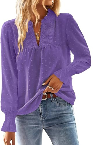TUUHAW Tee Shirt Femme Boho Col en V Top Manches Longues Dentelle | Blouse Haut Été Chic et Élégant Chemise Automne, Tunique à Point Suisse, T-Shirt Mousseline Fluide Blouses Loose