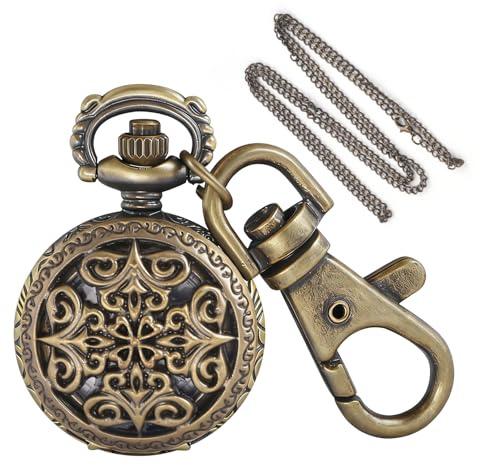 Tiong Vintage Exquisitely Symmetrical Pattern Men's Quartz Pocket Watch Keychain, Portable Round Watch with Chain and Arabic Numerals