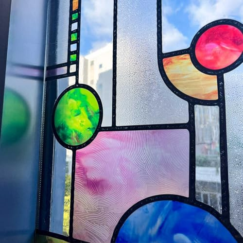 ChicSkin handgezeichnet Fensterfolie bunt Lebendige geometrische 28X140CM | Original Imitation von Buntglas folie für fenster Beidseitig sichtschutz,milchglasfolie Textur Wohnzimmer Schlafzimmer Küche