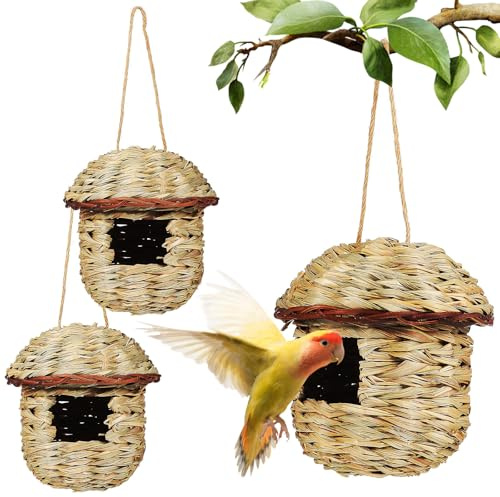 CIYODO Lot de 3 Nichoirs Suspendus en Paille Robuste 15X15X16 CM pour Perruches Cabanes d'Extérieur et Cages Nid d'Oiseau de Jardin pour Patio et Espace Extérieur