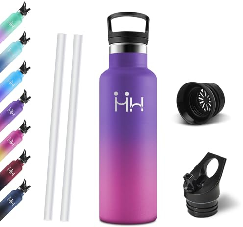 Motswedi Gourde, 750 ml Sans BPA, Gourde Isotherme, Avec Paille&2 Couvercles, Bouteille d'eau, 18/8 Acier Inoxydable, Bouteille Isotherme pour Sports, Camping - Violet foncé&rose