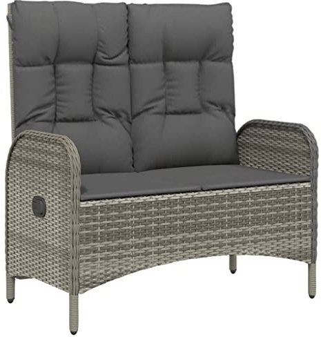 POUFGDR Poly Rattan Gartenbank mit Liegefunktion und Kissen in Grau - Garten Relaxbank für Terrasse und Balkon