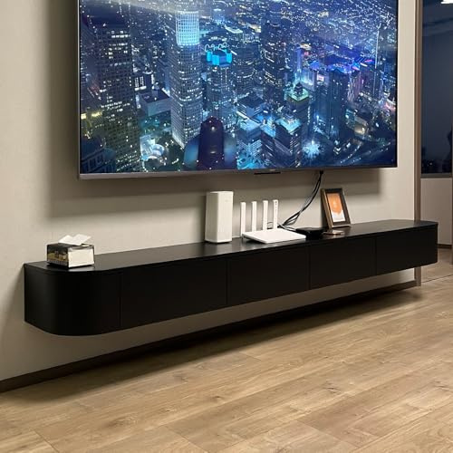 Väggmonterat TV-stativ med förvaring | 300 cm flytande TV-skåp för 75-100 tums TV-apparater | Modernt Lowboard Entertainment Center (svart 180 cm)