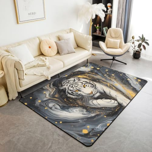 Loussiesd Alfombra de área de tigre blanco de 100 x 150 cm para dormitorio, alfombra de rayas blancas y negras para sala de estar, alfombra suave antideslizante para decoración de vida silvestre