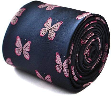 Frederick Thomas Navy Blue Mens Tie with Embroidered Pink Butterfly Design and Signature Floral Backing, Pairs Perfectly, Ideal for Office Wear, Weddings or Events, Classic 8cm Width
