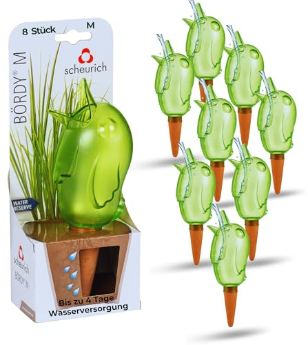 Scheurich Wasserspender Bördy M | 8 x Grün | 220ml Füllmenge | Bewässerungskugeln klein mit Ton Fuß | Wasserspender Pflanzen und Blumen Terrakotta Stiel