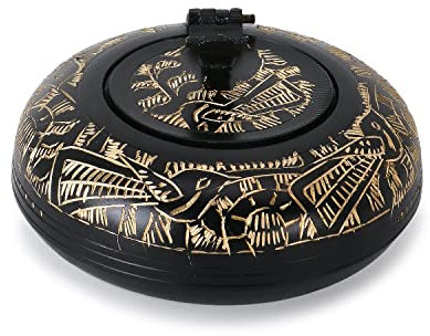 Zap Impex Cenicero de latón hecho a mano con tapa, decoración de Meenakari de color negro, bandeja de ceniza de metal negro/dorado, ZAP-1312