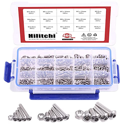 hilitchi 460-piece M3 M4 M5 Edelstahl Button Kopf Innensechskant Kopf Cap Schrauben Schrauben Muttern Sortiment Kit