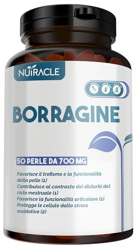 Nutracle Borragine perle da 700 mg Integratore per pelle e capelli - Olio di Borragine ricco di Acido Gamma Linoleico (GLA 20% Omega 6) Disturbi ciclo mestruale, acne (50 perle (confezione da 1))