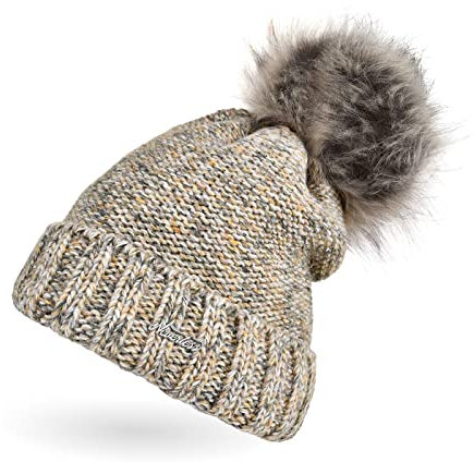 Neverless® Strickmütze Damen Wintermütze Bommelmütze Trendfarben Melange gefüttert Fleece-Innenfutter Bommel beige Unisize