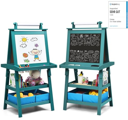 COSTWAY 3 in 1 Cavalletto per Bambini con Doppia Faccia, Cavalletto per Disegno con 2 Vassoi e 2 Scatole, Lavagna Bambini in Legno (Blu)