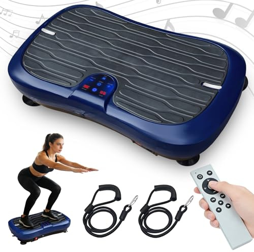 Vibration Plate Exercise Machine, Fitness Vibration Plate Platform with Built-in Bluetooth Speaker & 2 Resistance Bands, Whole Body Workout Vibrating Plate For Weight Loss Lymphatic Drainage (Blue)