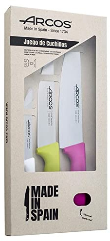 Arcos Niza - Juego de Cuchillos Cocina 3 piezas (Verduras + Cocina + Chef) - Color Blanco, Pistacho y Fucsia