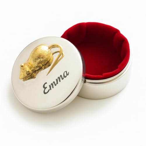 Amikado - Boîte à dents personnalisée souris dorée - Boite à bijoux - Personnalisée avec prénom ou texte personnalisable - Diamètre : 4 cm