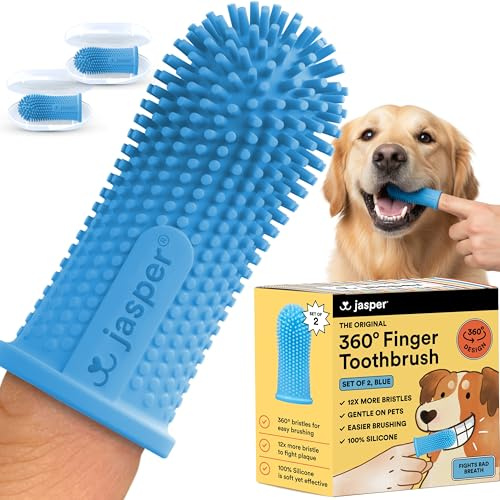 Jasper Dog Toothbrush, 360º Finger Toothbrush Kit (2-Pack), Ergonomic Design, Full Surround Bristles for Easy Teeth Cleaning, Dental Care for Puppies, Cats and Small Pets, Light Blue