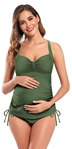 SHEKINI Damen Rückenfrei Umstandsmode Elegant Verstellbarer Tankini Zweiteiliger Badeanzug Bauchweg Ruched Abdomen Control Grosse Grössen Schwangerschaft Bikini(S,Olivgrün)